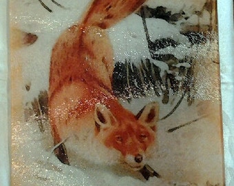 Fox glass cutting board, fox gift, fox trivet, fox sushi plate, fox christmas gift, fox art gift,
