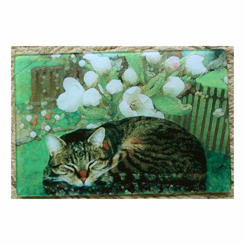 Tabby Cat and Blossoms Heat proof glass Cutting board