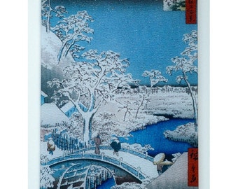 Snow bridge , LARGE SIZE Japanese Art, Glass cutting board, woodblock art,Japanese cutting board, Asian gift, woodblock gift,hiroshige gift
