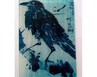 Crow, Raven, crow art, crow glass, cutting board, japanese art, bird glass, stained glass, glass trivet, crow gift