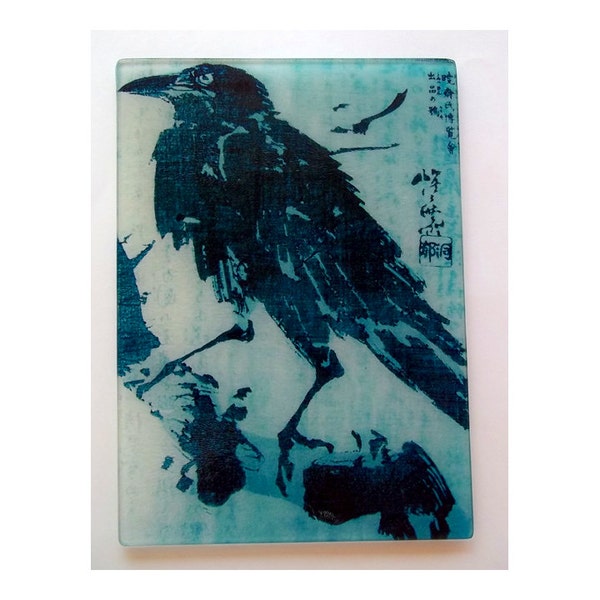 Crow, Raven, crow art, crow glass, cutting board, japanese art, bird glass, stained glass, glass trivet, crow gift