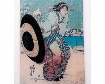 Japanese Lady w parasol in the snow  glass cutting board