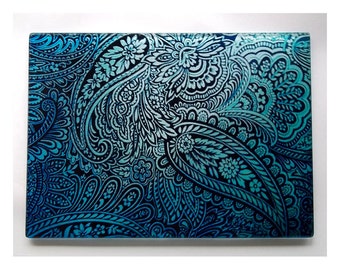 Paisley glass cutting board, Blue paisley glass, paisley gift, Paisley art glass, paisley art, psychedelic art