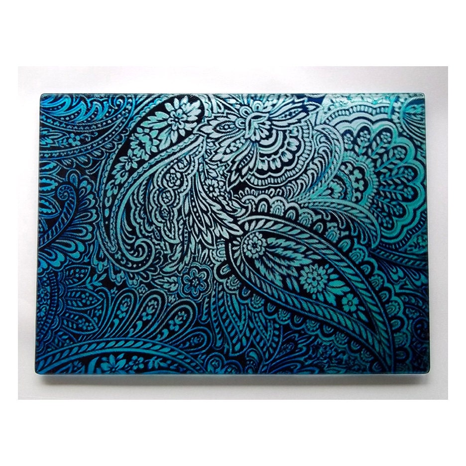 Paisley Glass Cutting Board, Blue Paisley Glass, Paisley Gift, Paisley