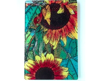 Sunflowers, glass cutting board,   wedding gift, flower gift, glass art, original art,