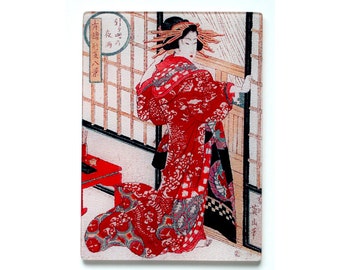 geisha cutting board, geisha in red kimono, glass geisha, red geisha glass trivet,geisha gift,Japanese art glass, woodblock art glass
