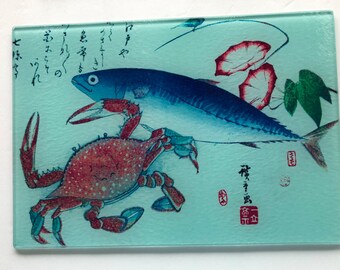 Fish and Crab Japanese glass cutting board