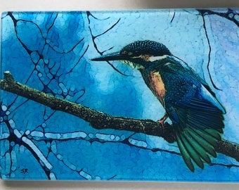 Kingfisher, Kingfisher art, Kingfisher glass cutting board, bird glass, stained glass, glass trivet, kingfisher gift, glass cutting board