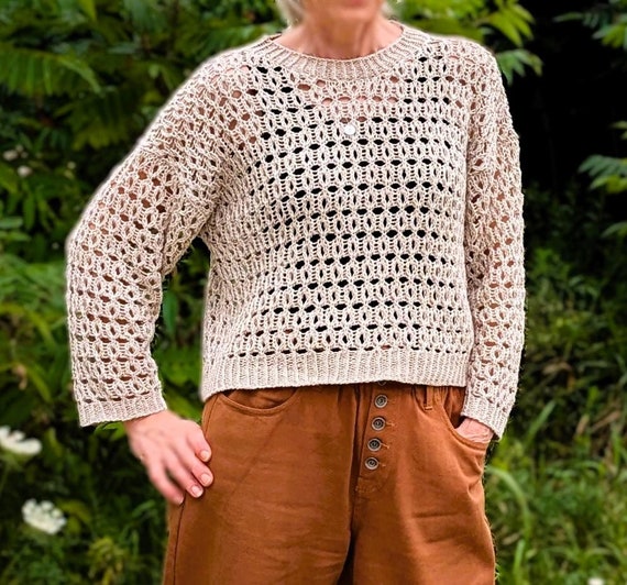 Open Knit Hand Crafted Crop Sweater. Organic Cotton-linen Pullover 