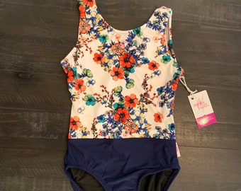 SALE SIZE 10/11 Dance Leotard, Pretty White Floral with Blue Bottoms Bodysuit, Dance Convention Attire, Ballet Bodysuit