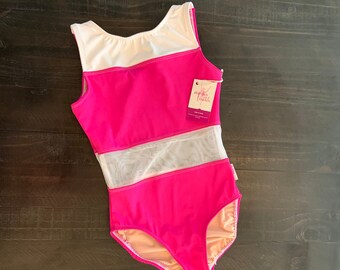 SALE SIZE 12/13 Dance Leotard, Pink and White Bodysuit, Dance Convention Attire, Ballet Bodysuit