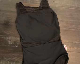 SALE Girls  14/15 Dance Leotard in Solid Black with Black Mesh, Ballet Class, Dance Technique, Dancewear, Convention Attire, Ballet Bodysuit