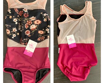 SALE Girls Dance Leotard Size 8/9, Burgundy Dance Leotard, Mesh Dancewear, Flower Fabric Dance Outfit, Girls Dancewear, Convention Attire