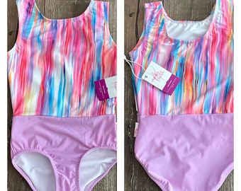 SALE SIZE 8/9 Girls Dance Leotard, Pretty Purple with Pastel Stripes Bodysuit, Dance Convention Attire, Ballet Bodysuit