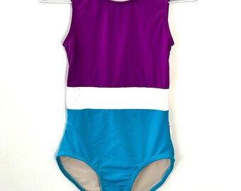 SALE SIZE 12/13 Dance Leotard, Purple, Aqua blue  and White Bodysuit, Dance Convention Attire, Ballet Bodysuit