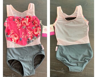 SALE Girls Size 12/13 Dance Leotard,  sleeveless leotard, pink and gray floral bodysuit, Dance Convention Attire, Ballet Bodysuit