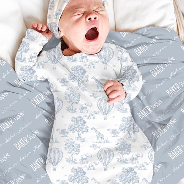 Safari Animal Toile Newborn Layette Coming Home Set: Hospital Name Swaddle Blanket