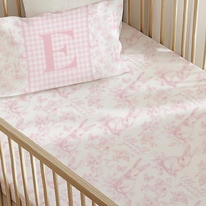 Pink Toile Bunny Crib Sheet: Girl Nursery Decor, Rabbits & Butterflies