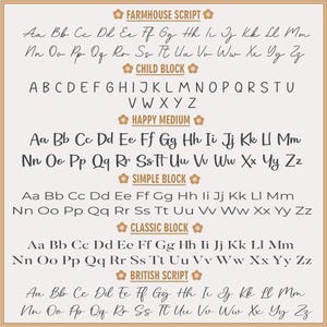 a collection of various font styles and types, including Farmhouse Script, Happy Medium, Simple Block, Classic Block, and British Script. The fonts are arranged in a grid format, showcasing different styles and sizes.