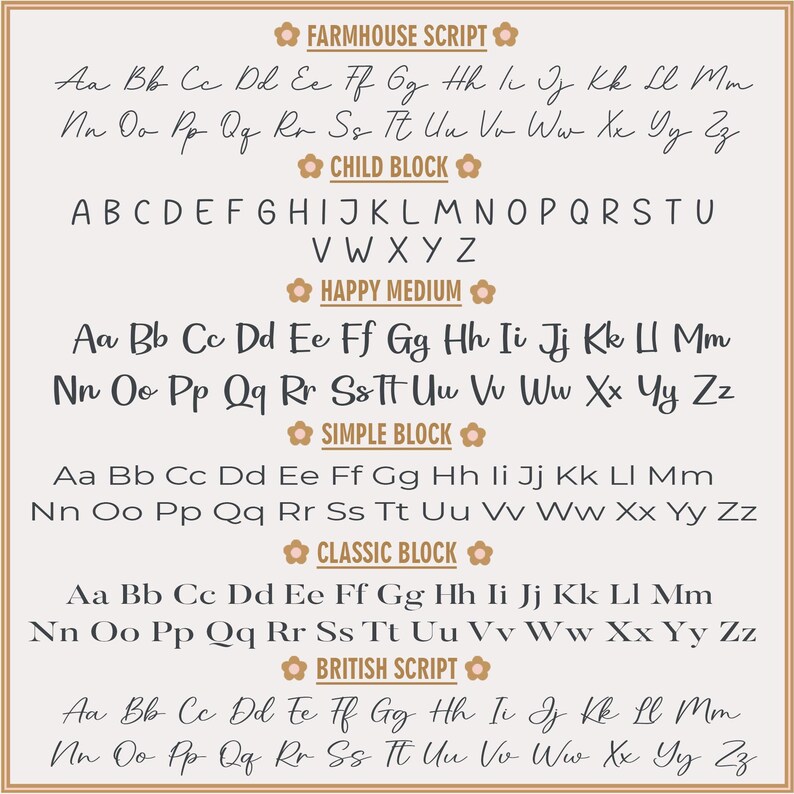 a collection of various font styles and types, including Farmhouse Script, Happy Medium, Simple Block, Classic Block, and British Script. The fonts are arranged in a grid format, showcasing different styles and sizes.