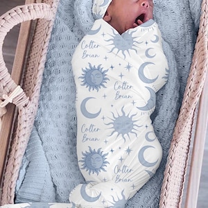Celestial Personalized Baby Boy Blanket: Moon/Sun Newborn Swaddle and Hat