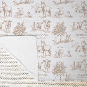 a blanket with a repeating pattern of farm animals, including horses, cows, and sheep, along with some trees and buildings. The blanket has the name "Theodore" written on it, suggesting it may be a personalized or custom-made item.