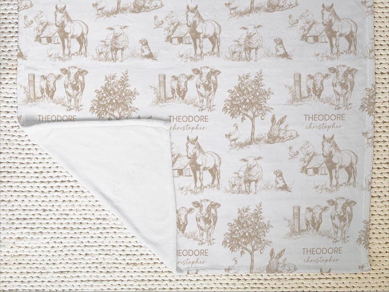 a blanket with a repeating pattern of farm animals, including horses, cows, and sheep, along with some trees and buildings. The blanket has the name "Theodore" written on it, suggesting it may be a personalized or custom-made item.