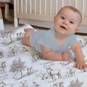 A baby is lying on a blanket with a farm animal print, smiling at the camera.