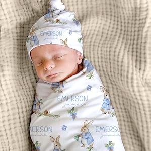 Peter Rabbit Baby Blanket : Personalized Baby Boy or Girl Swaddle, Hat, Gown, Nursery Pillow