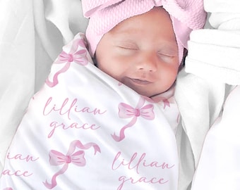 Personalized Baby Blanket: Coquette Pink Bow Swaddle and Headband Set
