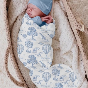 Manta de bebé personalizada con estampado de animales de safari: conjunto para recién nacidos (niño o niña) para la salida del hospital.