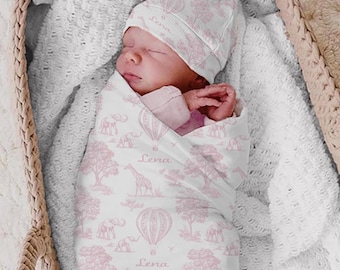 Personalized Pink Toile Swaddle Blanket Set: Baby Girl Safari Nursery