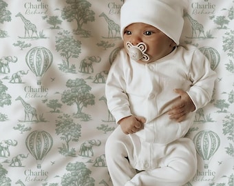 Safari Animal Baby Boy or Girl Blanket: Personalized Toile Newborn Swaddle/Hat