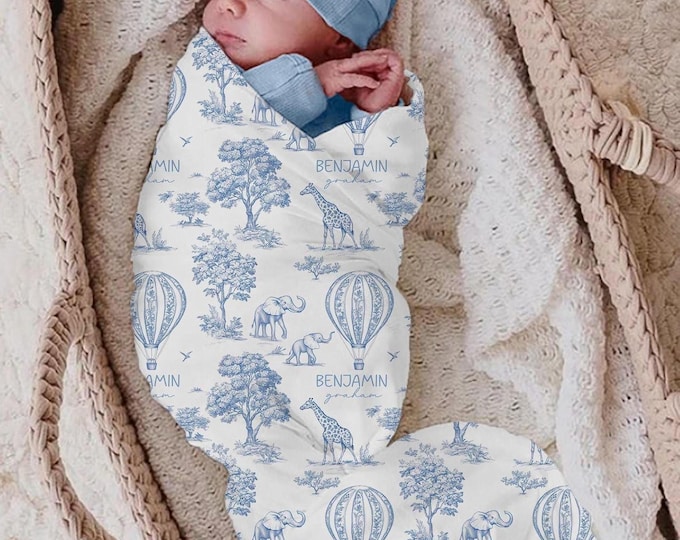 Personalized Safari Animal Toile Baby Swaddle Blanket: Newborn Coming Home Set Boy or Girl