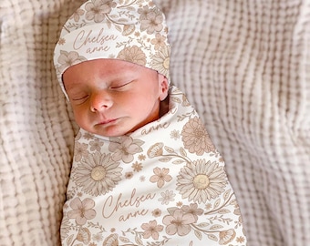 Personalized Neutral Wildflower Swaddle Blanket: Boho Sunflower Newborn Gift