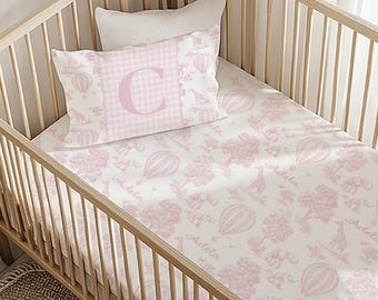 Personalized Pink Toile Safari Animal Crib Sheet: Monogram Baby Girl Pillow