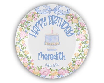 Happy Birthday Personalized Cake Plate Girl:  Hand Painted Keepsake Gift