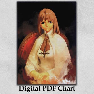 Puede incluir: Gráfico PDF digital que presenta un retrato de una persona con cabello largo y castaño claro, vestida con una prenda blanca con un colgante de cruz. La persona está sentada en una silla roja sobre un fondo oscuro. El texto "Digital PDF Chart" está en la parte inferior.