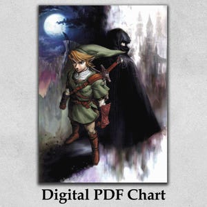 May include: Digital PDF Chart featuring a fantasy illustration. A young character in green tunic and hat stands with a sword, facing forward. A dark figure in a black cloak stands behind him, with a full moon in the background.