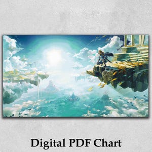 May include: A digital PDF chart featuring a fantasy landscape with floating islands, a character on a cliff, and a bright sun. The artwork is set against a backdrop of clouds and mountains. The text "Digital PDF Chart" is at the bottom.