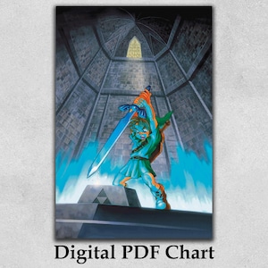 Pode incluir: Um gráfico PDF digital com uma ilustração vibrante de um personagem de videogame segurando uma espada azul brilhante. O personagem está vestido com roupas verdes e azuis, em um fundo de castelo detalhado. O texto "Digital PDF Chart" está na parte inferior.