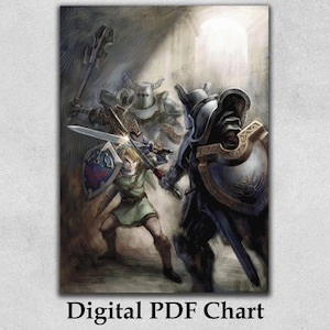 May include: Digital PDF Chart featuring a fantasy battle scene. A warrior in green tunic and shield faces armored knights with swords and axes. The artwork has a muted color palette with a bright light source. Text at the bottom reads "Digital PDF Chart."