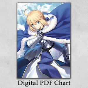 Pode incluir: Gráfico PDF digital com um personagem em estilo anime com cabelo loiro e olhos azuis, vestindo uma armadura azul e branca e uma capa azul com acabamento em pele branca. O fundo mostra um céu azul com nuvens. O texto "Digital PDF Chart" está na parte inferior.