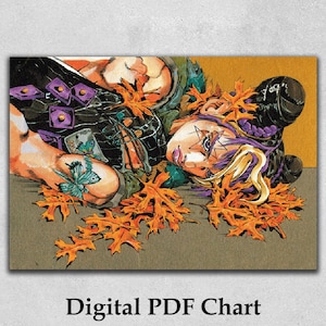 May include: Digital PDF Chart featuring a stylized illustration of a person with purple hair and a star on their face, surrounded by orange autumn leaves. The person is wearing a black outfit with purple accents and a butterfly tattoo. The text "Digital PDF Chart" is at the bottom.