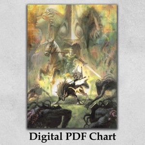 May include: A digital PDF chart featuring a fantasy illustration with a knight on horseback, a warrior with a sword, and a wolf-like creature battling dark figures. The artwork has a vintage, painted style with a warm color palette.