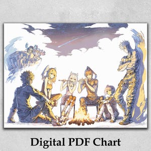 Pode incluir: Gráfico PDF digital com um grupo de personagens em estilo anime reunidos em volta de uma fogueira. A obra de arte retrata um céu estrelado com uma estrela cadente, e os personagens tocam flauta. O texto "Digital PDF Chart" está na parte inferior.