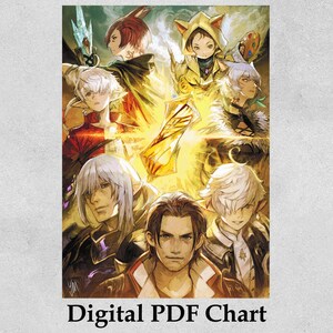 Puede incluir: Gráfico PDF digital con una vibrante ilustración de múltiples personajes de estilo anime. La obra de arte presenta varias figuras con detalles intrincados y poses dinámicas, sobre un fondo dorado y radiante. El texto "Digital PDF Chart" está en la parte inferior.