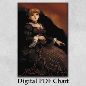 Pode incluir: Gráfico PDF digital com um retrato de uma mulher em um vestido escuro com gola e mangas com babados. A obra de arte tem uma estética vintage, com uma paleta de cores de preto, marrom e toques de vermelho. O texto "Digital PDF Chart" está na parte inferior.