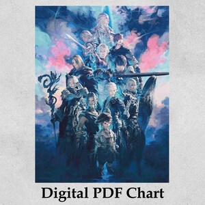 Puede incluir: Un gráfico PDF digital que presenta un grupo de personajes de fantasía en una pose dinámica. La obra de arte está representada en un estilo pictórico con una paleta de colores fríos de azules, morados y blancos. El texto "Digital PDF Chart" está en la parte inferior.