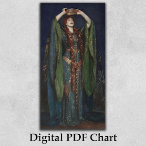 Pode incluir: Um gráfico PDF digital com uma pintura de uma mulher em um vestido longo e ornamentado e uma coroa. A pintura tem um fundo azul escuro e a mulher tem cabelo ruivo. O texto "Digital PDF Chart" está na parte inferior.